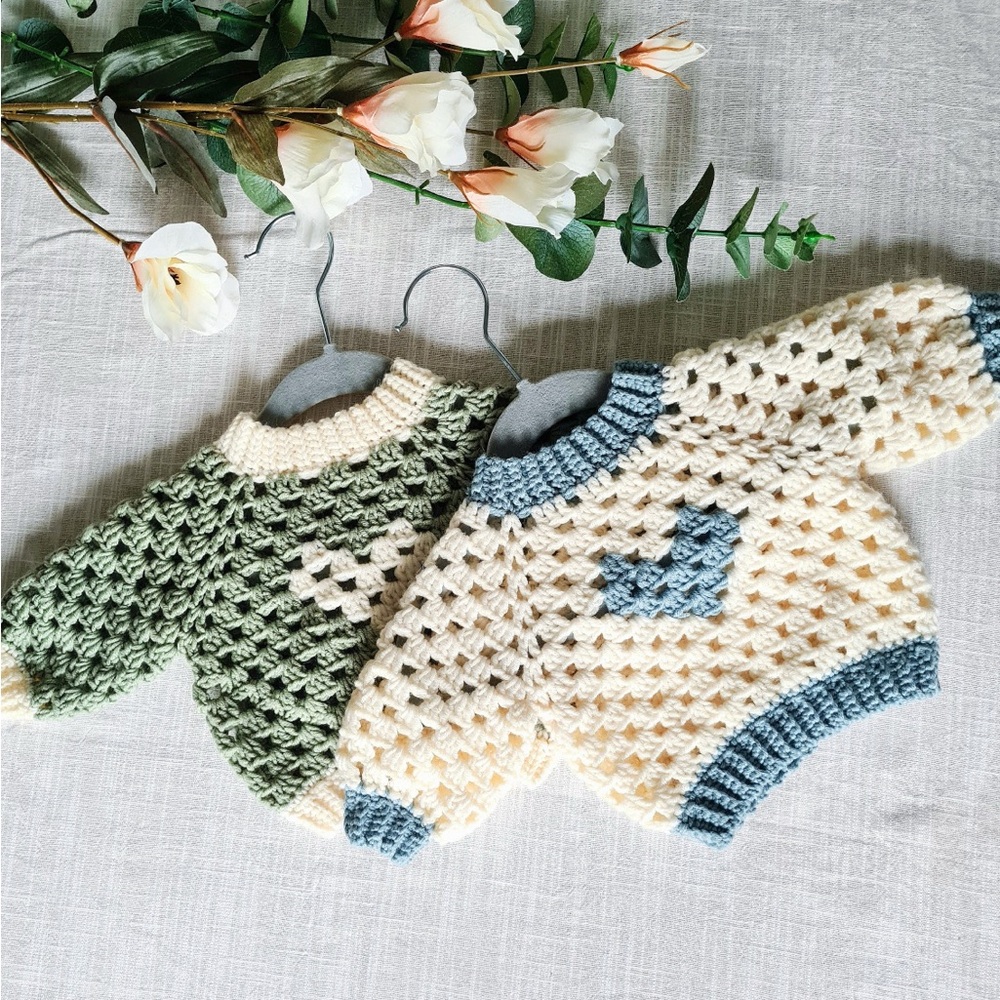 Handmade Crochet Baby Sweaters in Green and Cream